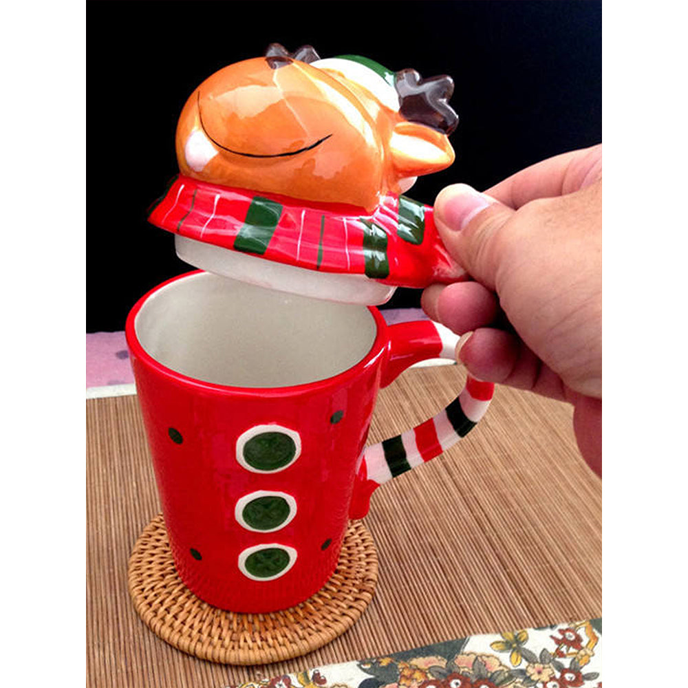 Buttoned Reindeer Lid Ceramic Hot Chocolate and Coffee Christmas Mug