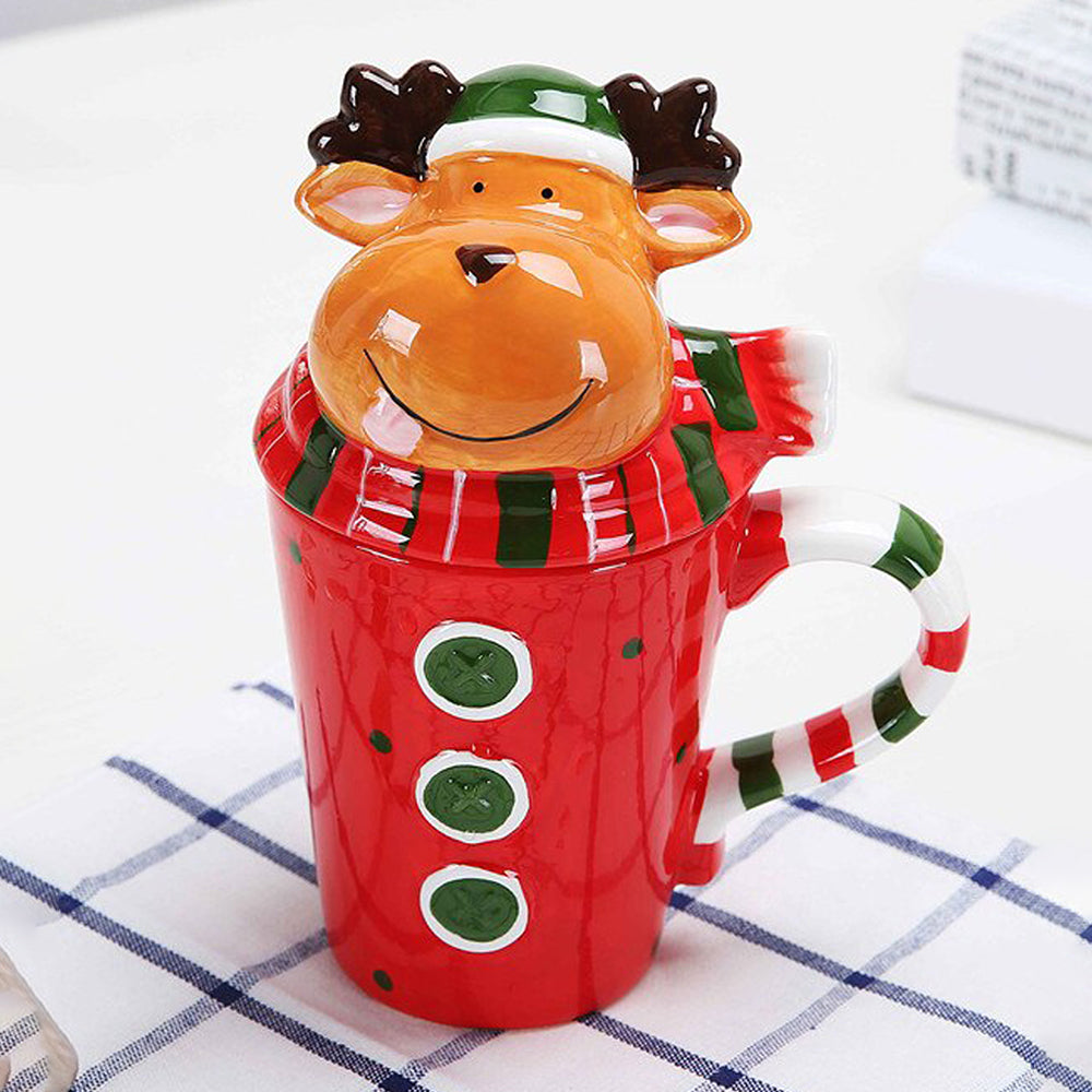 Buttoned Reindeer Lid Ceramic Hot Chocolate and Coffee Christmas Mug