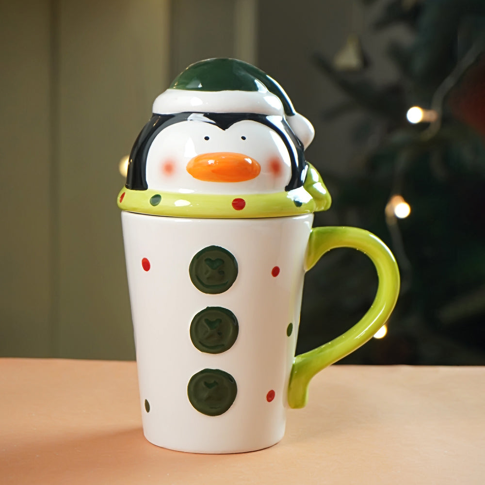 Buttoned Penguin Lid Ceramic Hot Chocolate and Coffee Christmas Mug