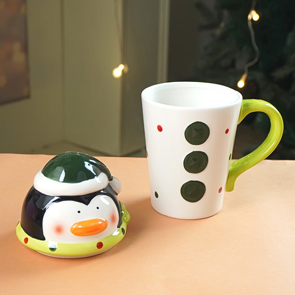 Buttoned Penguin Lid Ceramic Hot Chocolate and Coffee Christmas Mug