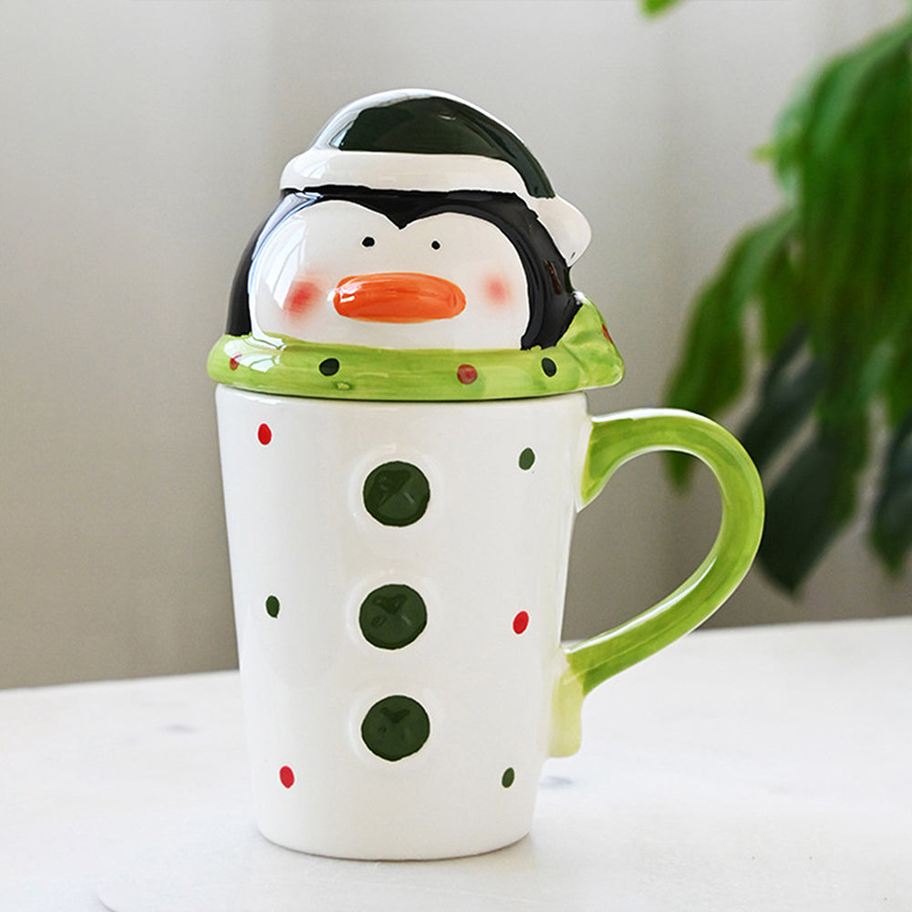 Buttoned Penguin Lid Ceramic Hot Chocolate and Coffee Christmas Mug