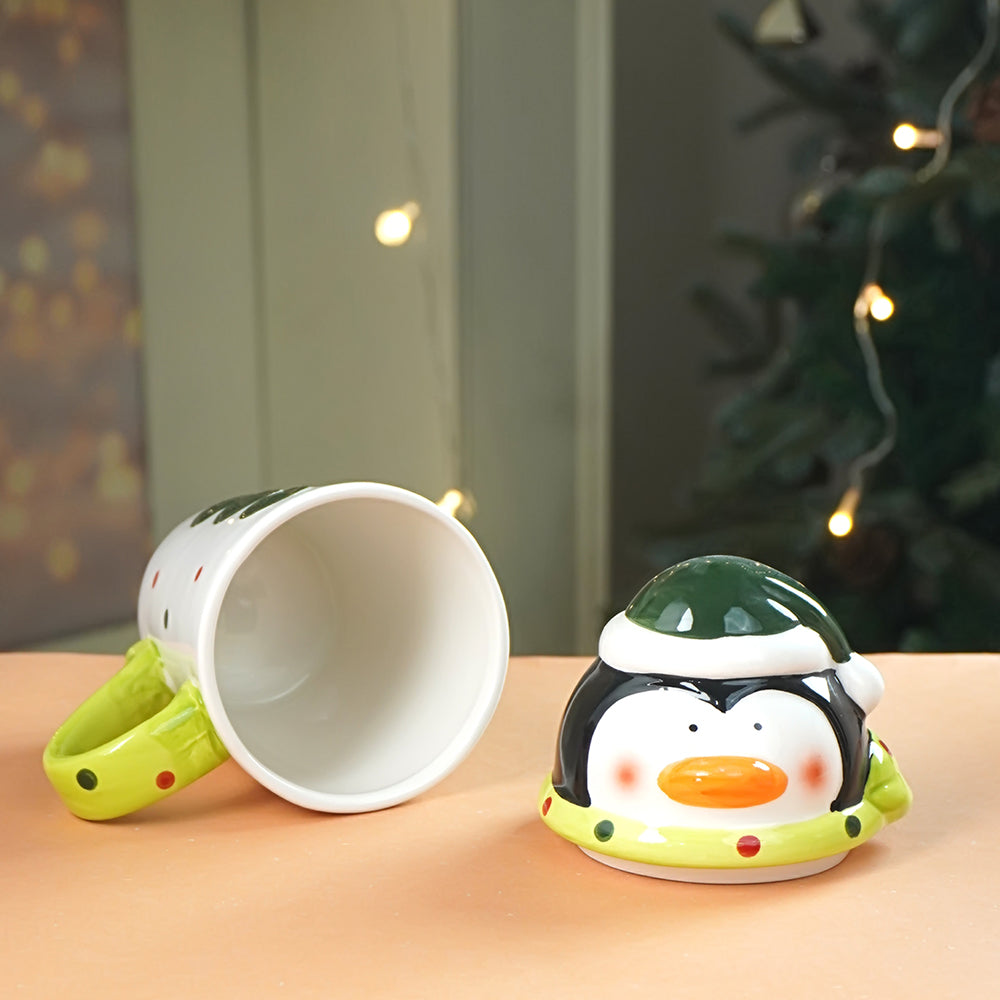 Buttoned Penguin Lid Ceramic Hot Chocolate and Coffee Christmas Mug
