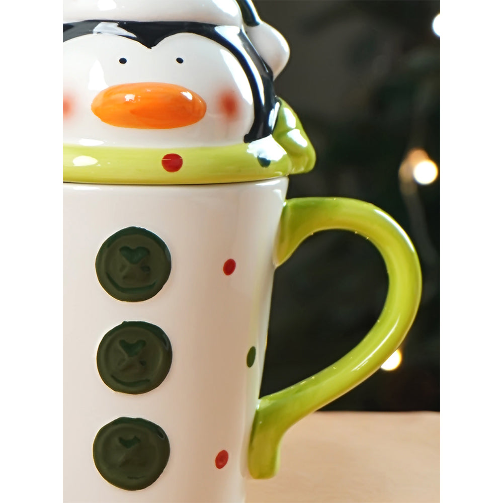 Buttoned Penguin Lid Ceramic Hot Chocolate and Coffee Christmas Mug