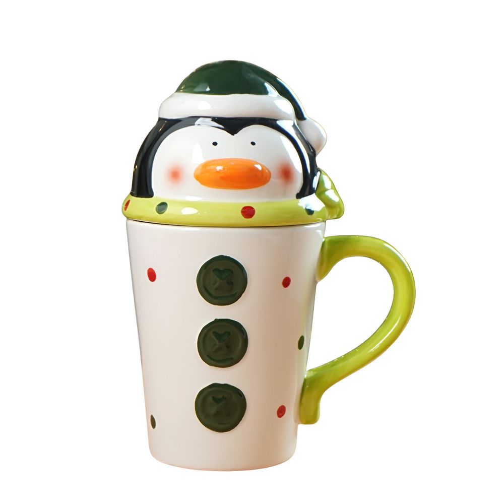 Buttoned Penguin Lid Ceramic Hot Chocolate and Coffee Christmas Mug