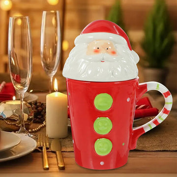 Buttoned Santa Lid Ceramic Hot Chocolate and Coffee Christmas themed Mug
