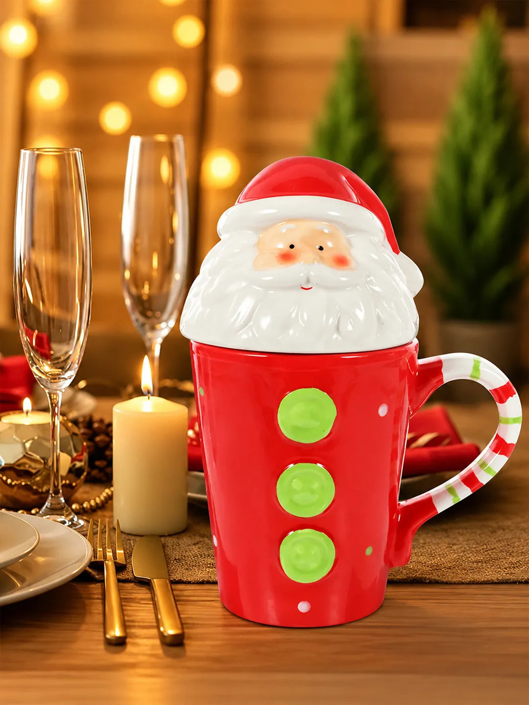 Buttoned Santa Lid Ceramic Hot Chocolate and Coffee Christmas themed Mug