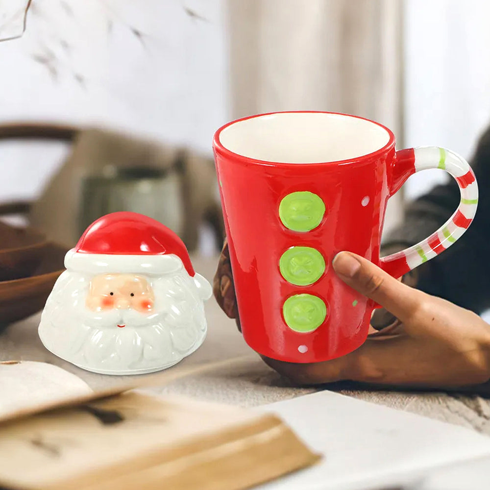 Buttoned Santa Lid Ceramic Hot Chocolate and Coffee Christmas themed Mug