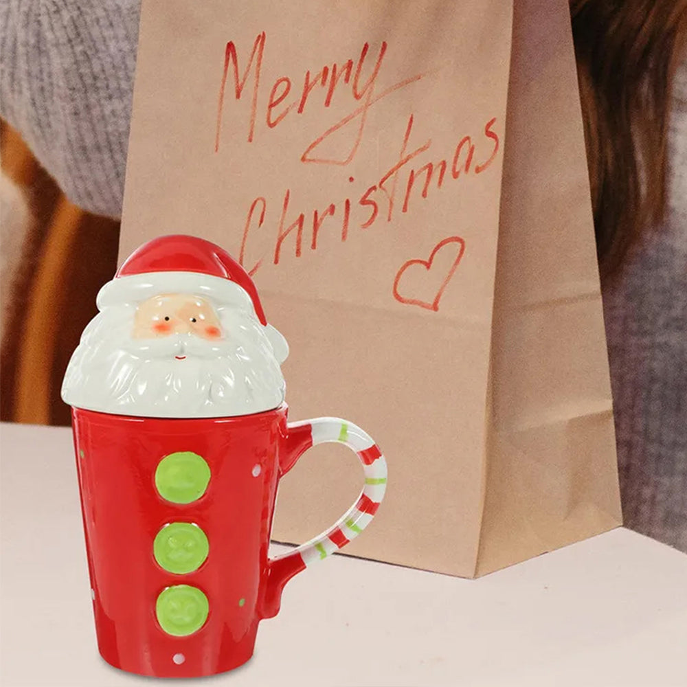 Buttoned Santa Lid Ceramic Hot Chocolate and Coffee Christmas themed Mug