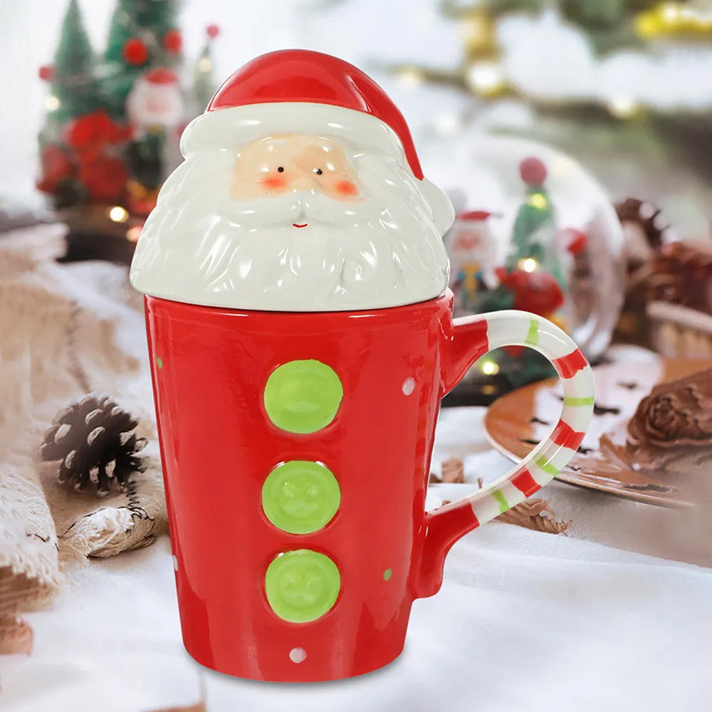 Buttoned Santa Lid Ceramic Hot Chocolate and Coffee Christmas themed Mug