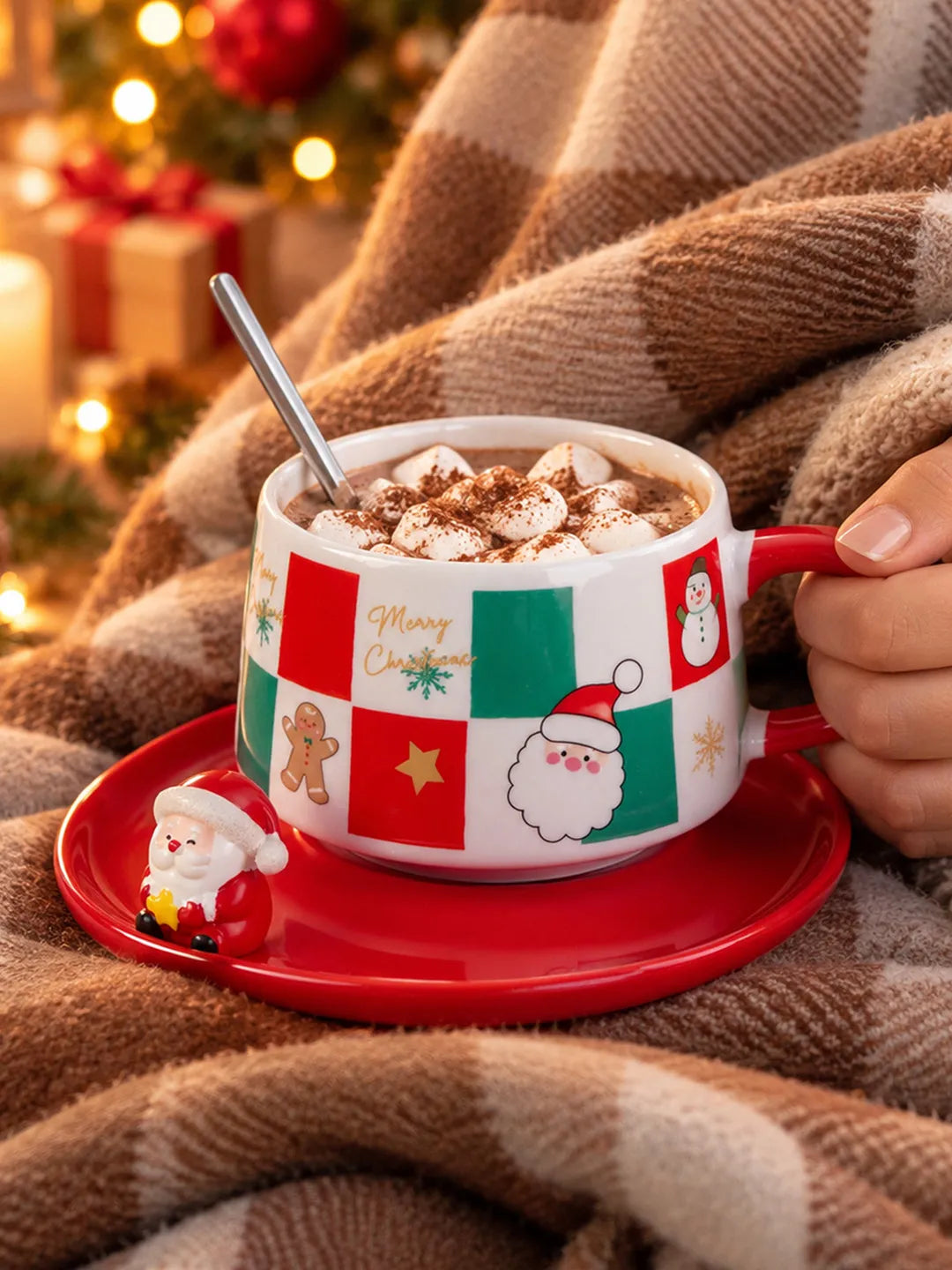 Red & Green Checks Christmas Themed Ceramic Cup with 3D Santa Saucer & Spoon Set