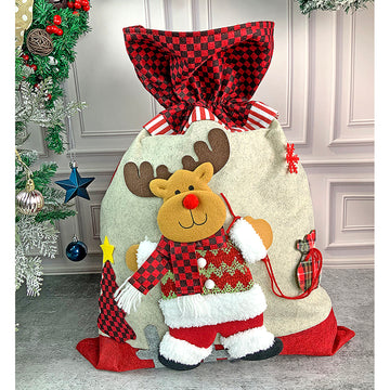 Deer Red & Grey Checks Christmas Sack