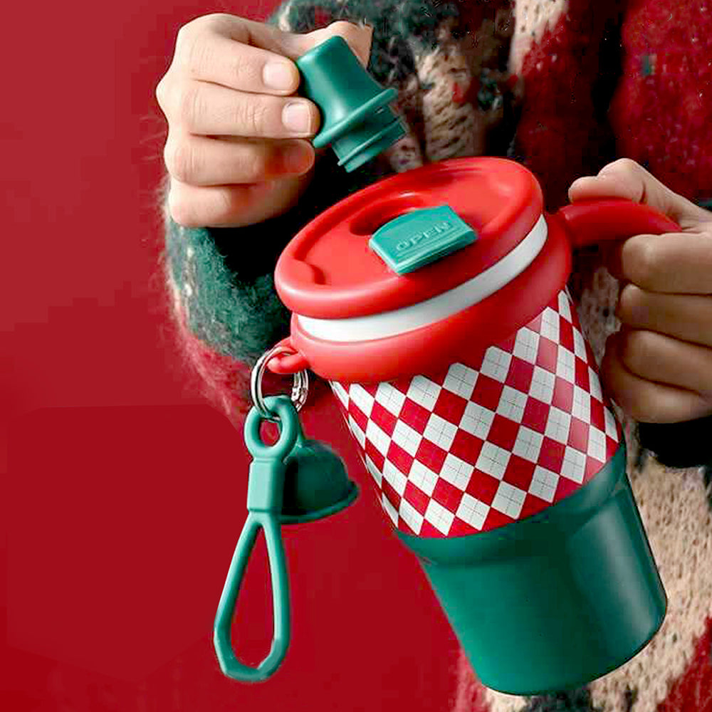 Red Checks Stainless Steel Water and Coffee Tumbler for Kids and Adults, 600ml with a free cleaning brush