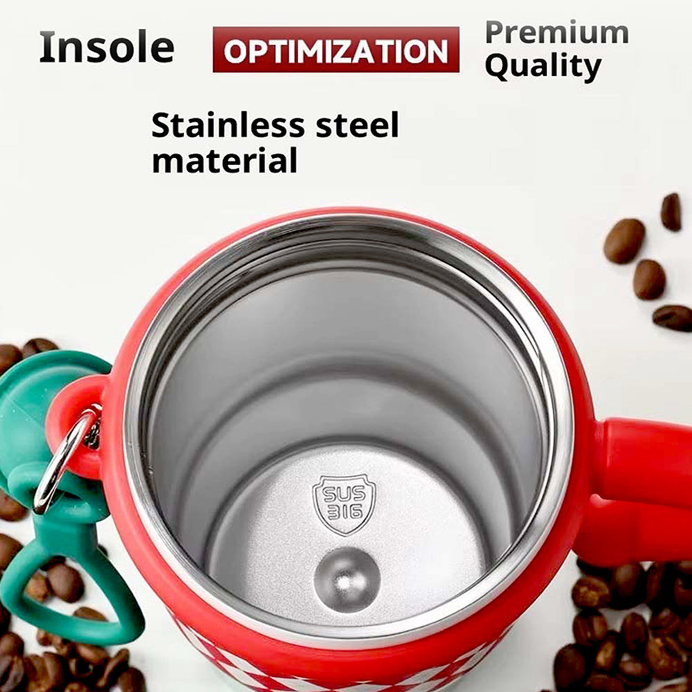 Red Checks Stainless Steel Water and Coffee Tumbler for Kids and Adults, 600ml with a free cleaning brush
