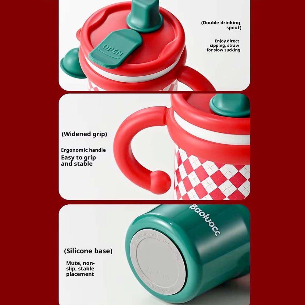 Red Checks Stainless Steel Water and Coffee Tumbler for Kids and Adults, 600ml with a free cleaning brush