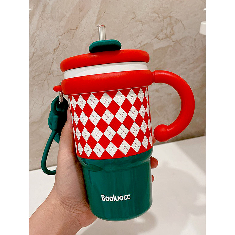 Red Checks Stainless Steel Water and Coffee Tumbler for Kids and Adults, 600ml with a free cleaning brush