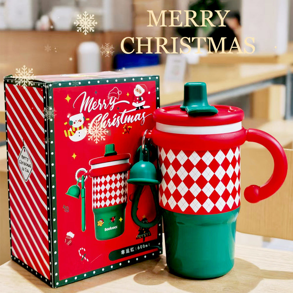Red Checks Stainless Steel Water and Coffee Tumbler for Kids and Adults, 600ml with a free cleaning brush