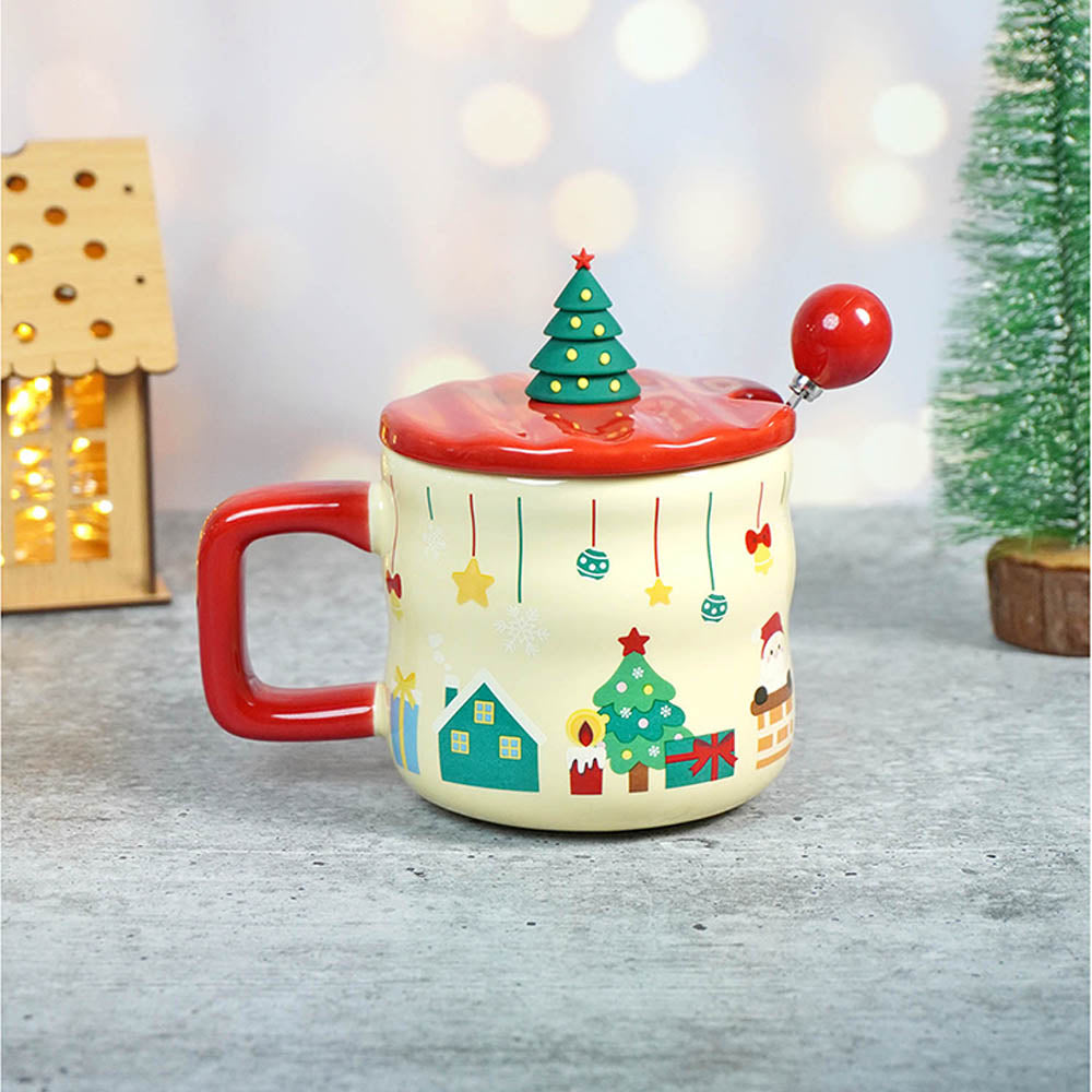 Chimney Santa themed Christmas Mug with 3d christmas tree Lid and Stainless Spoon.