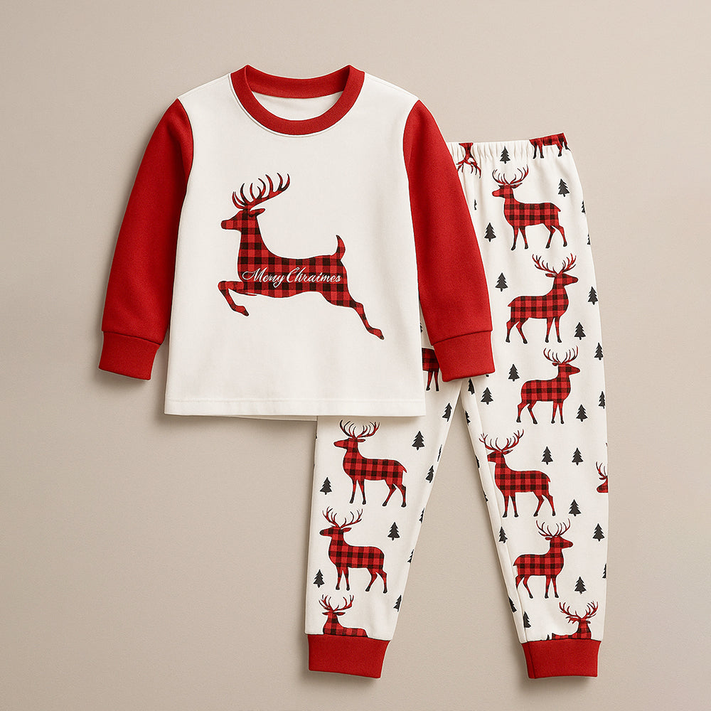 3-8 Yrs, Red Checks Deer soft Cotton,Kids Christmas Nightsuit