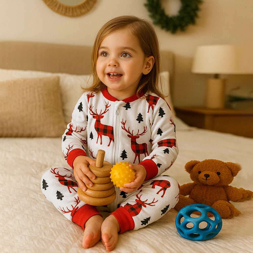 3-24 Months, Red Checks Deer soft Cotton,Infants and Toddlers Christmas Nightsuit