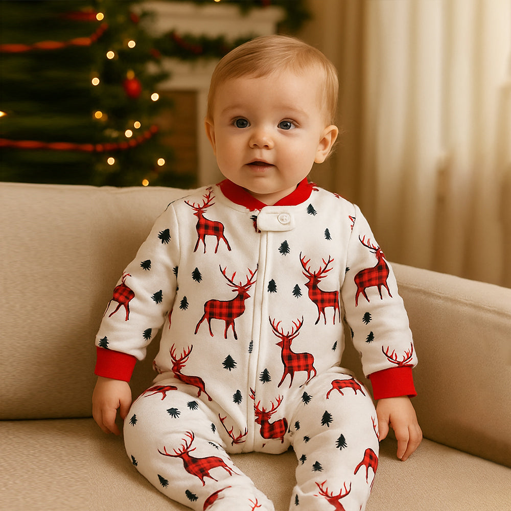 3-24 Months, Red Checks Deer soft Cotton,Infants and Toddlers Christmas Nightsuit