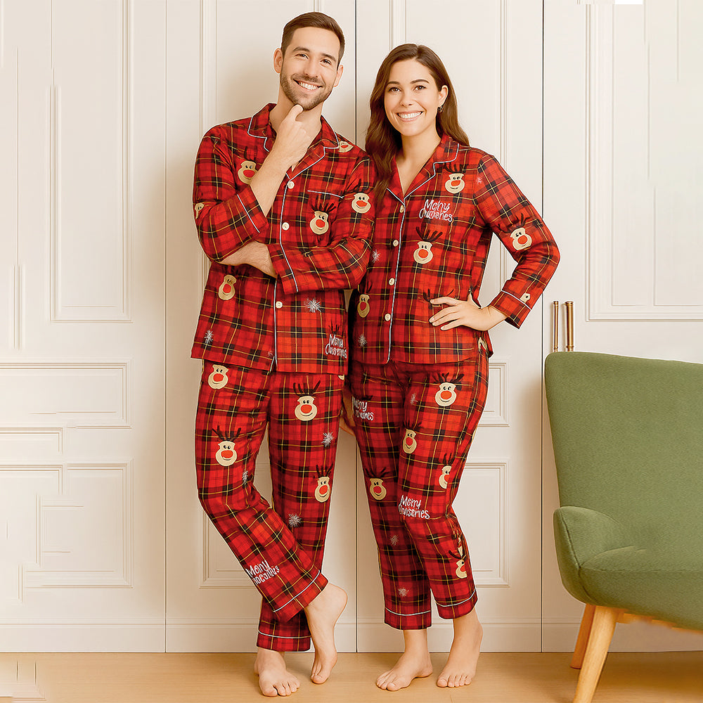 Adults Deer Face soft Cotton,Christmas Nightsuit , 1 Pcs - Top & Bottom Set