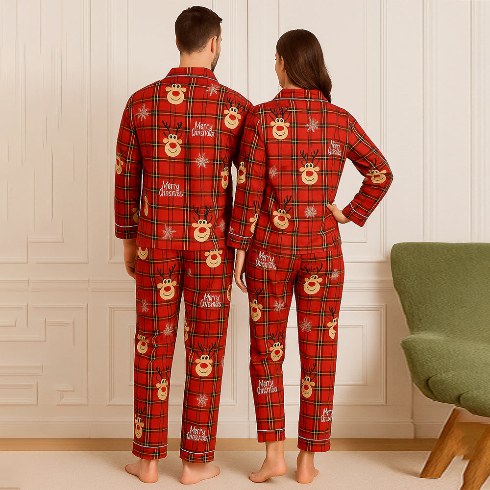 Adults Deer Face soft Cotton,Christmas Nightsuit , 1 Pcs - Top & Bottom Set
