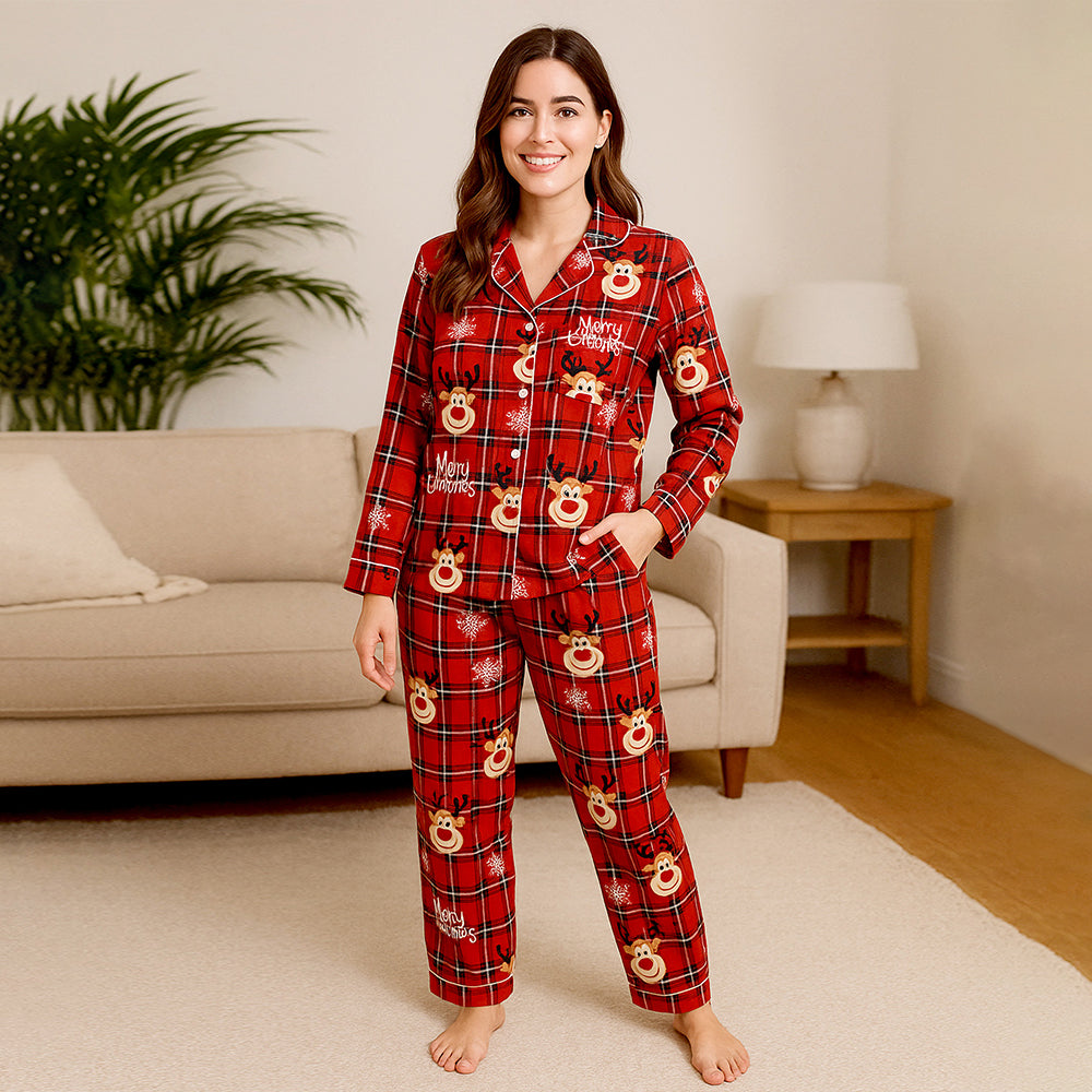 Adults Deer Face soft Cotton,Christmas Nightsuit , 1 Pcs - Top & Bottom Set