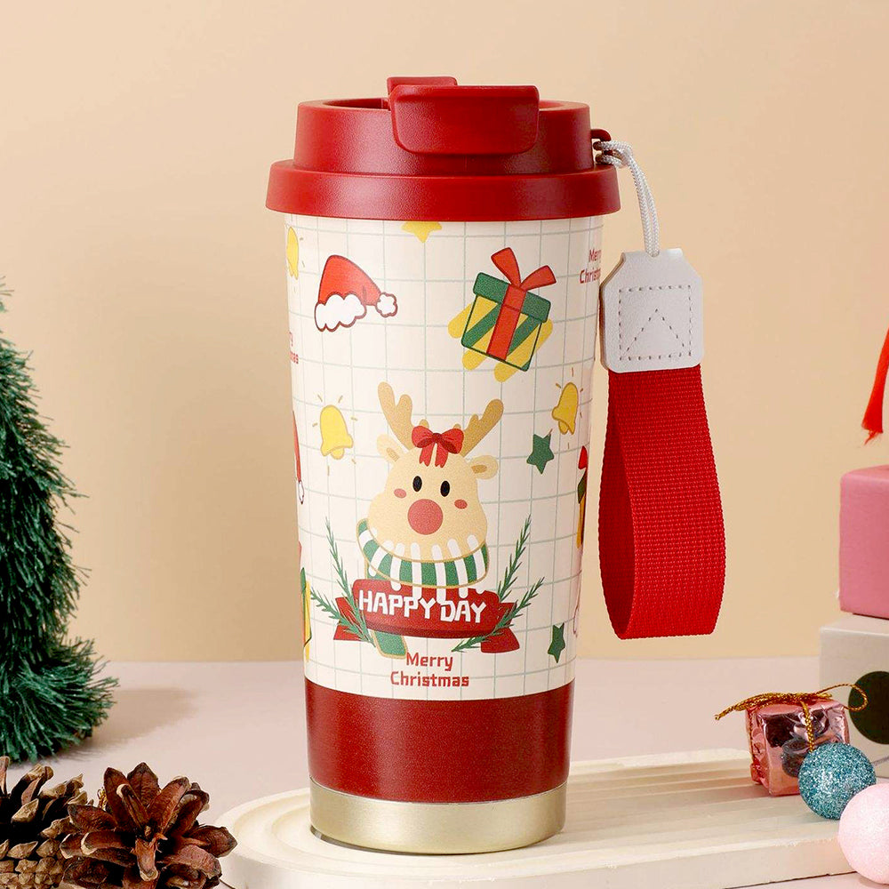 Deer Happy, Christmas themed, stainless steel Coffee/Water Tumbler Bottle, 500ml with free cleaning brush