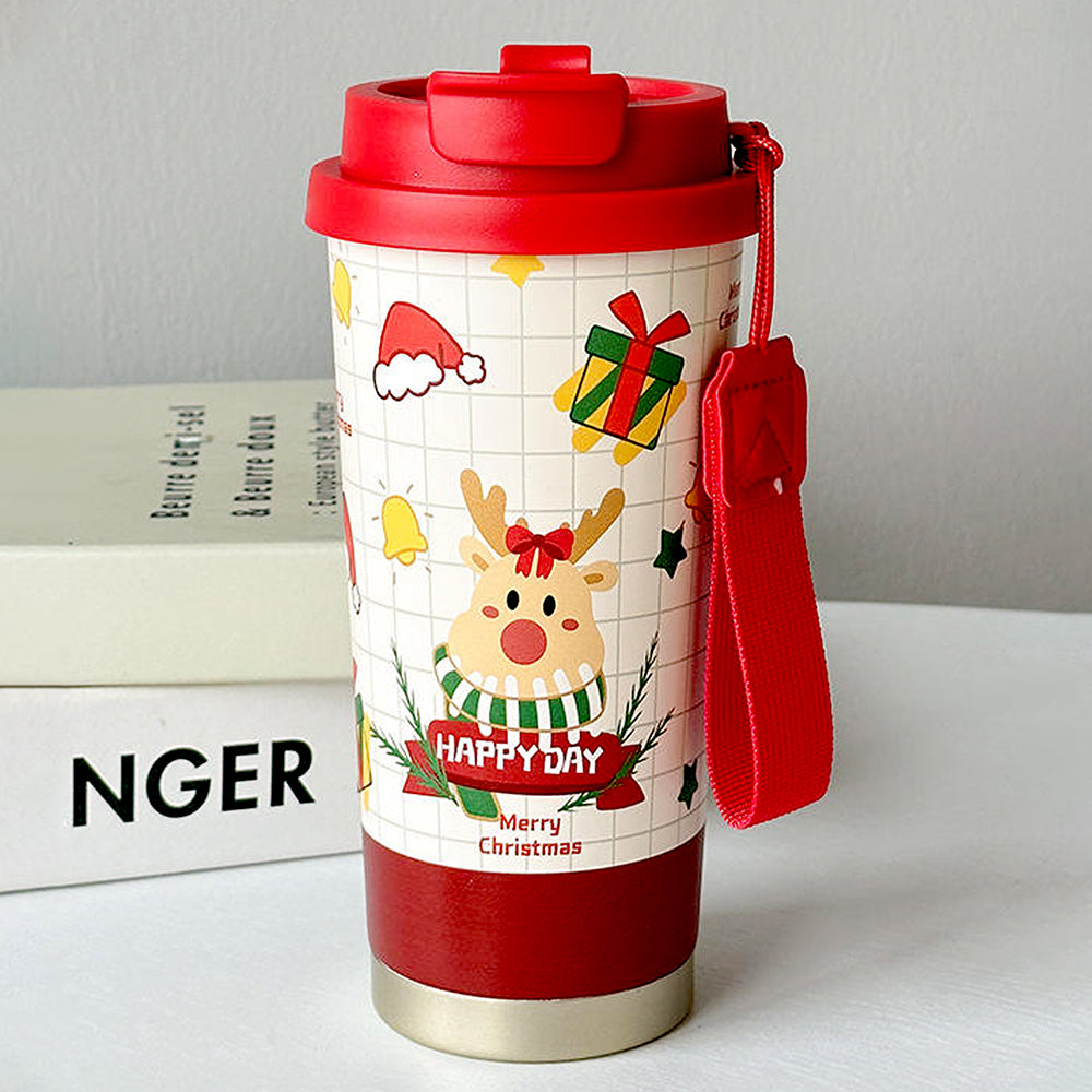 Deer Happy, Christmas themed, stainless steel Coffee/Water Tumbler Bottle, 500ml with free cleaning brush