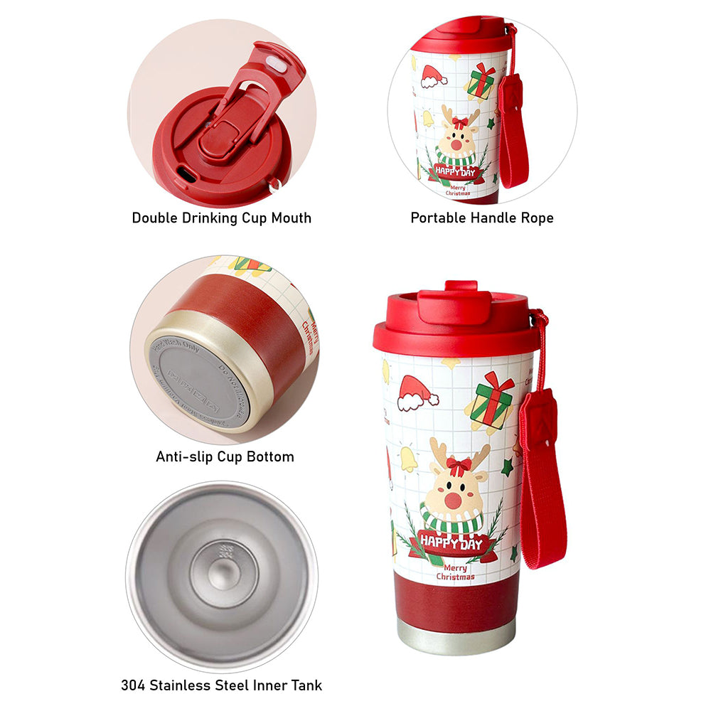 Deer Happy, Christmas themed, stainless steel Coffee/Water Tumbler Bottle, 500ml with free cleaning brush
