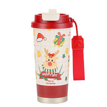 Deer Happy ,Red Lid Christmas themed, stainless steel Coffee/Water Tumbler Bottle, 500ml with free cleaning brush