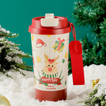Deer Happy, Christmas themed, stainless steel Coffee/Water Tumbler Bottle, 500ml with free cleaning brush
