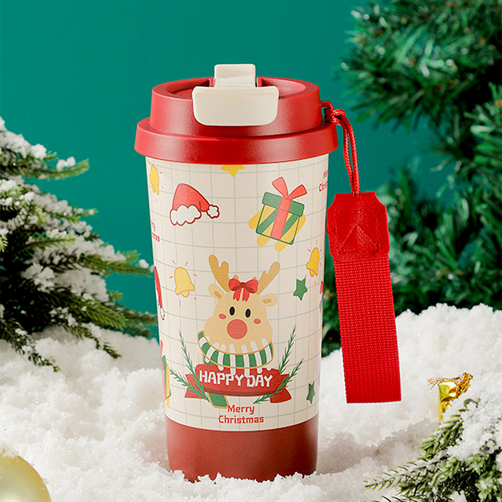 Deer Happy ,Red Lid Christmas themed, stainless steel Coffee/Water Tumbler Bottle, 500ml with free cleaning brush