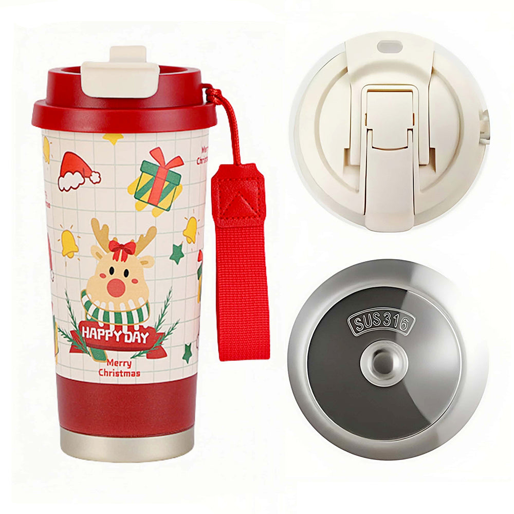 Deer Happy ,Red Lid Christmas themed, stainless steel Coffee/Water Tumbler Bottle, 500ml with free cleaning brush