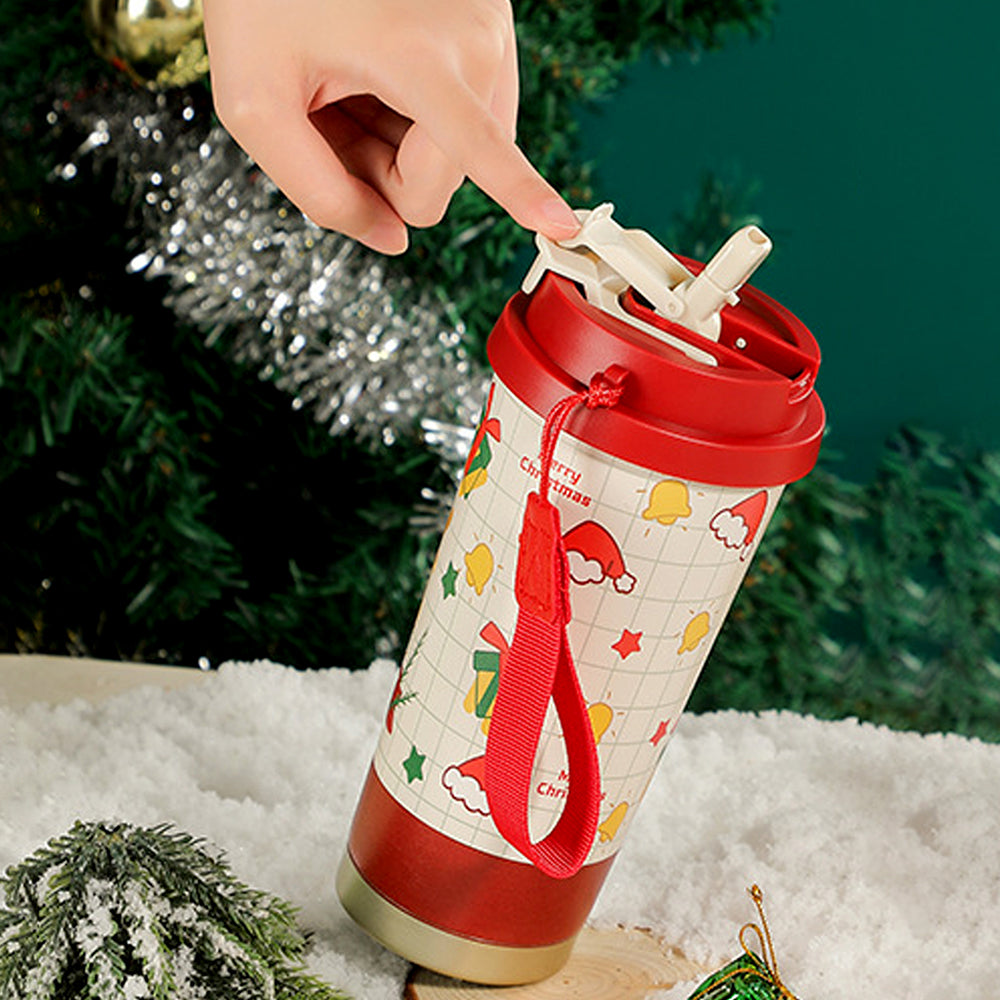 Deer Happy ,Red Lid Christmas themed, stainless steel Coffee/Water Tumbler Bottle, 500ml with free cleaning brush