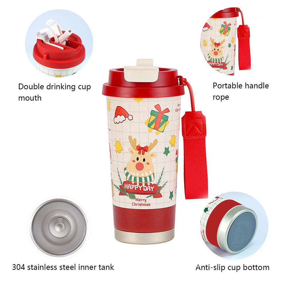 Deer Happy ,Red Lid Christmas themed, stainless steel Coffee/Water Tumbler Bottle, 500ml with free cleaning brush