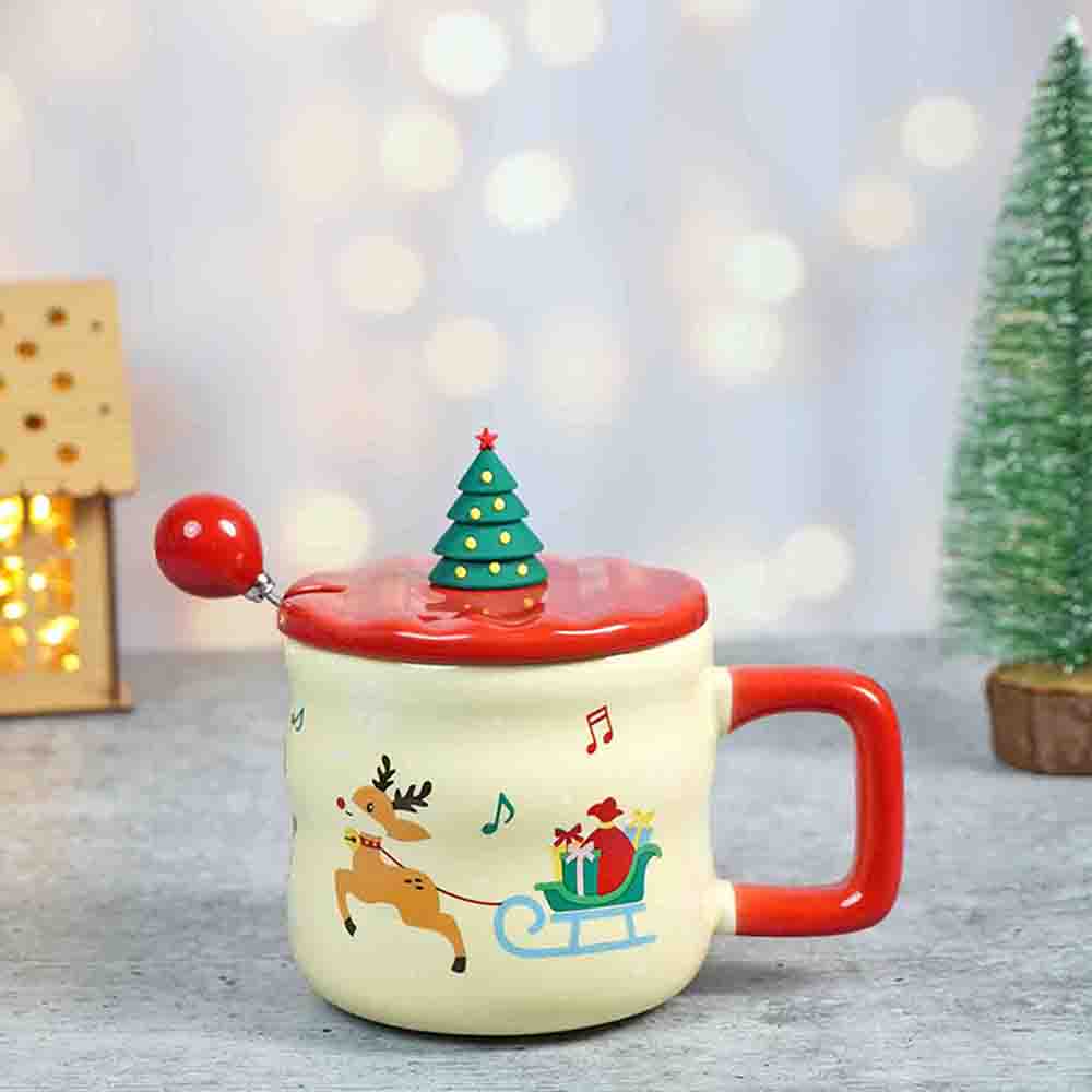 Deer with sledge Christmas Mug with 3d christmas tree Lid and Stainless Spoon.