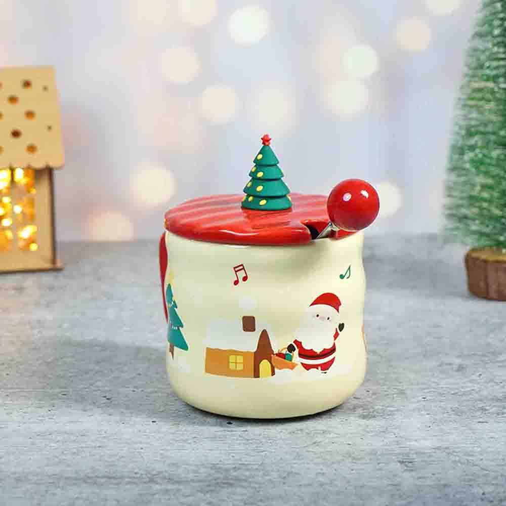 Deer with sledge Christmas Mug with 3d christmas tree Lid and Stainless Spoon.