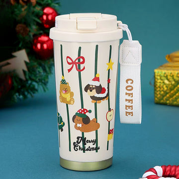 Christmas Dogs & Teddy, Christmas themed, Xmas stainless steel Coffee/Water Tumbler Bottle, 500ml with free cleaning brush