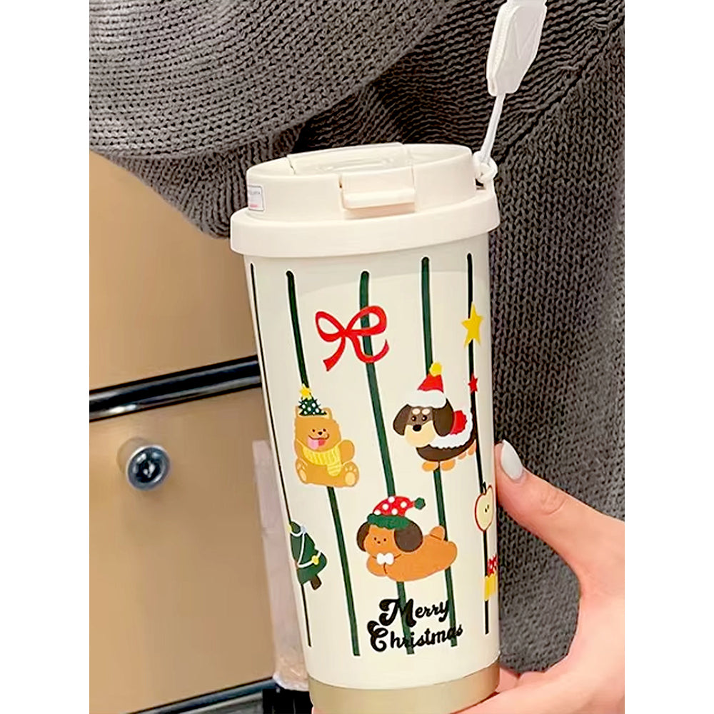 Christmas Dogs & Teddy, Christmas themed, Xmas stainless steel Coffee/Water Tumbler Bottle, 500ml with free cleaning brush