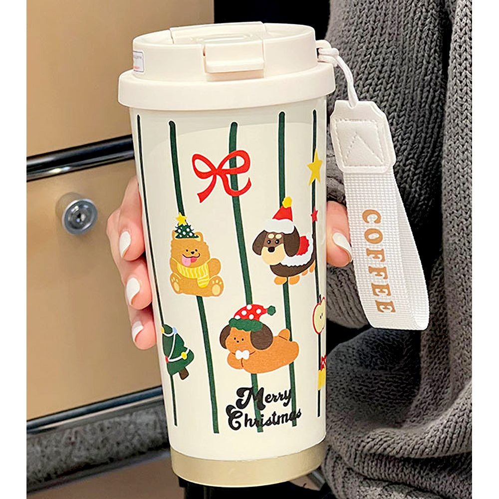 Christmas Dogs & Teddy, Christmas themed, Xmas stainless steel Coffee/Water Tumbler Bottle, 500ml with free cleaning brush