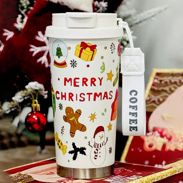 Christmas Doodle, xmas themed, stainless steel Coffee/Water Tumbler Bottle, 500ml with free cleaning brush