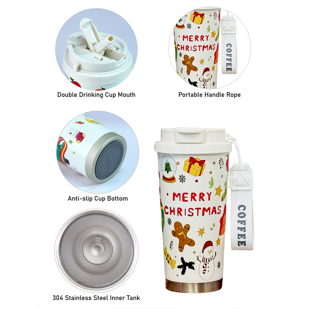 Christmas Doodle, xmas themed, stainless steel Coffee/Water Tumbler Bottle, 500ml with free cleaning brush