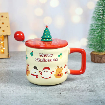 Christmas Character Faces Christmas Mug with 3d christmas tree Lid and Stainless Spoon.