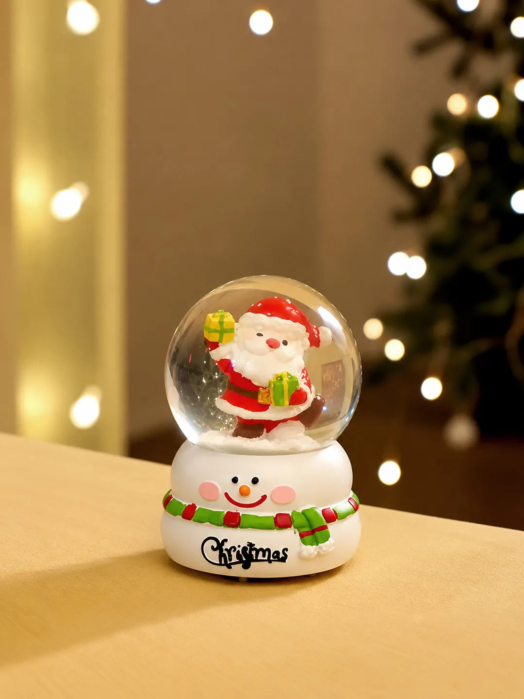 Santa with Gift colorful LED Globe on Snowman Base, Christmas Table Décor & Gift option
