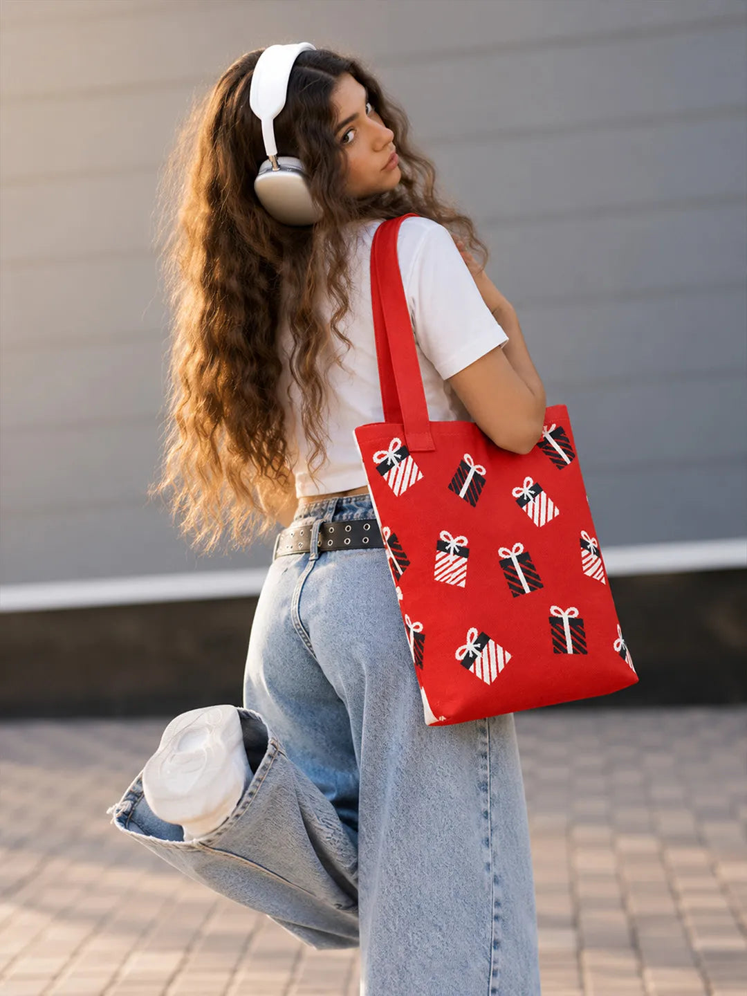 Red Gift Box, Woven Christmas Tote Bag