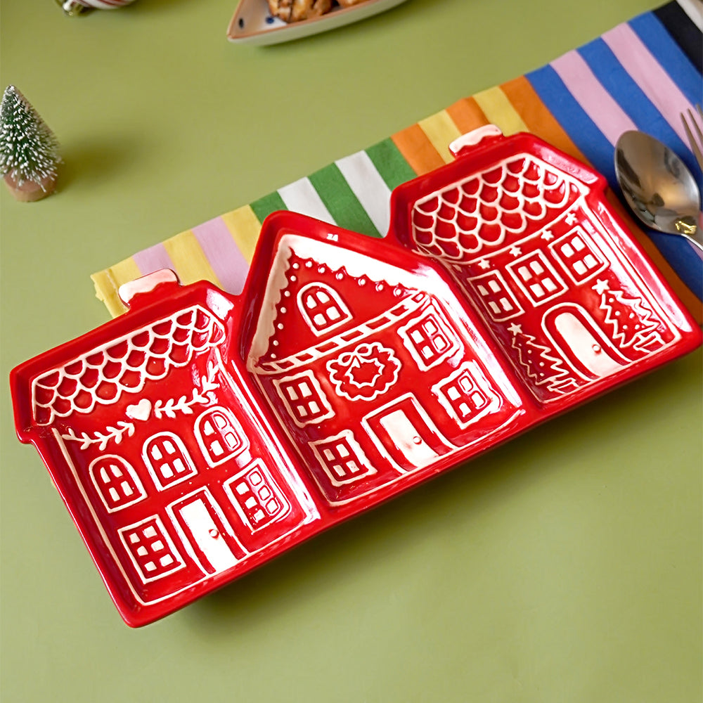 Red gingerbreadhouse 3 sections Christmas ceramic serving tray