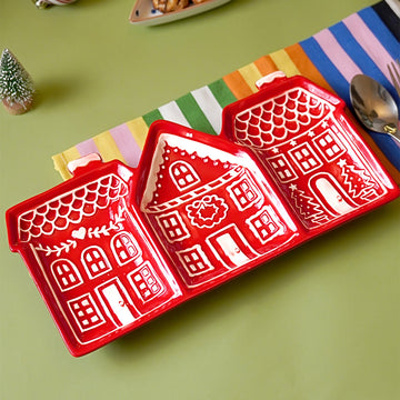 Red gingerbreadhouse 3 sections Christmas ceramic serving tray