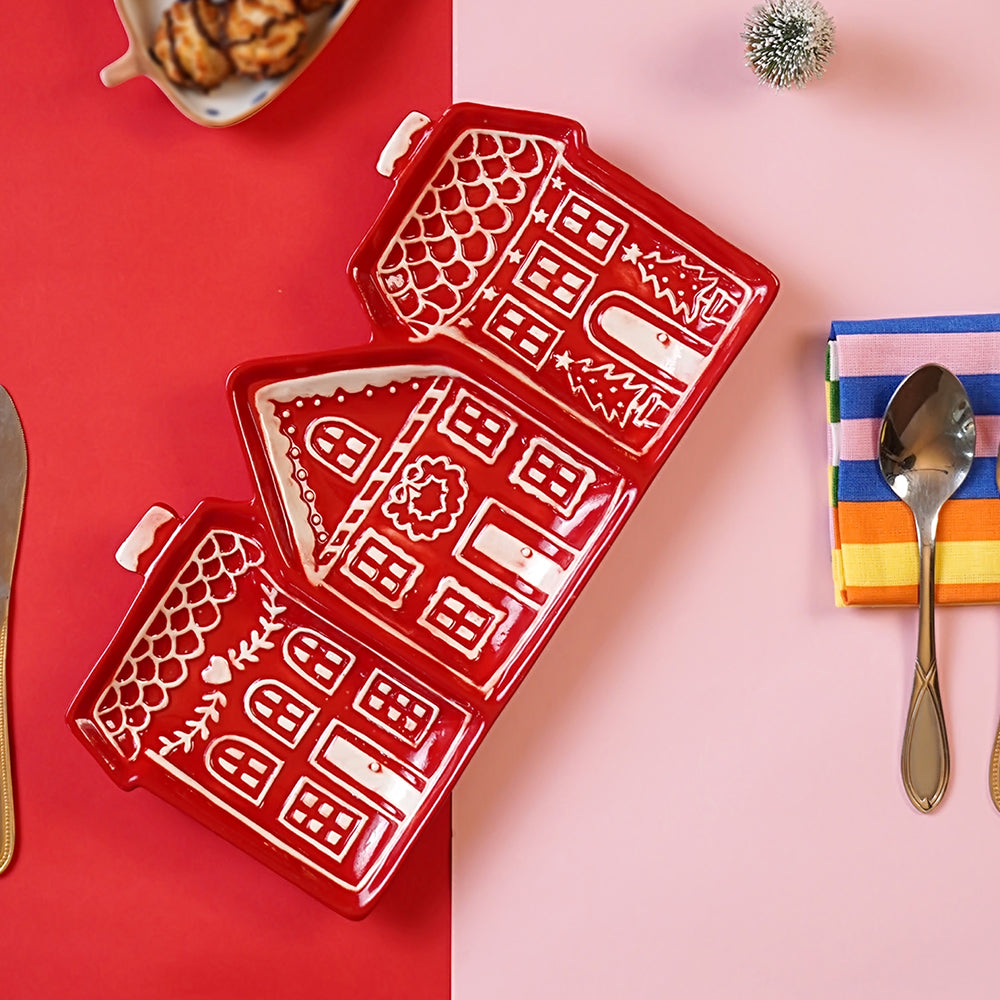 Red gingerbreadhouse 3 sections Christmas ceramic serving tray