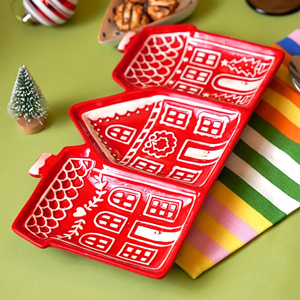 Red gingerbreadhouse 3 sections Christmas ceramic serving tray